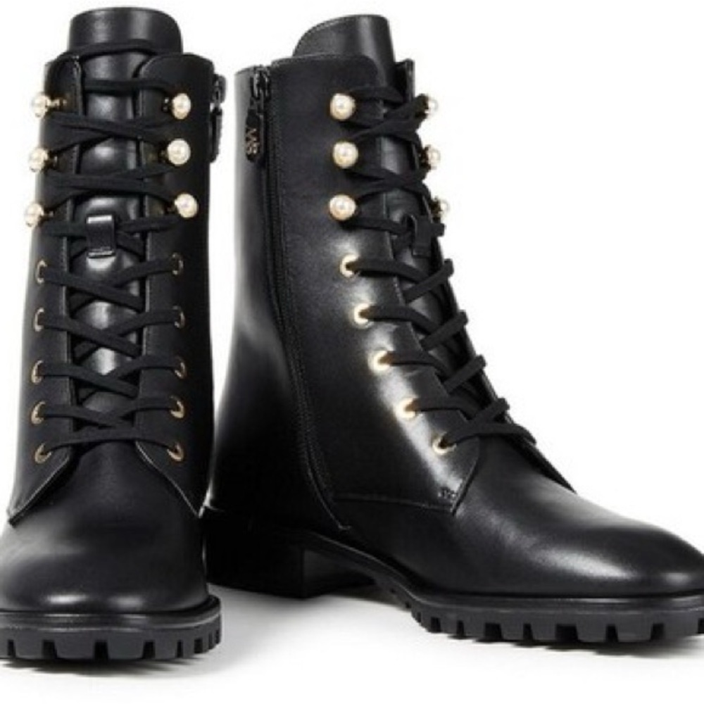 $750 Stuart Weitzman Laine Leather Combat Boot BLACK LEATHER LACE ZIP Size 10